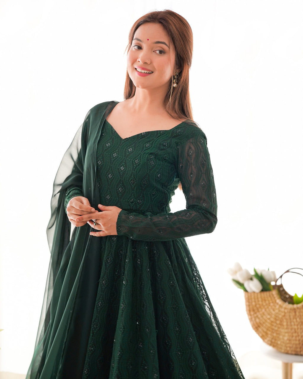 Eloriya Bottle Green Designer Anarkali Suit With Pant And Dupatta - 2XL [44] | Eloriya India