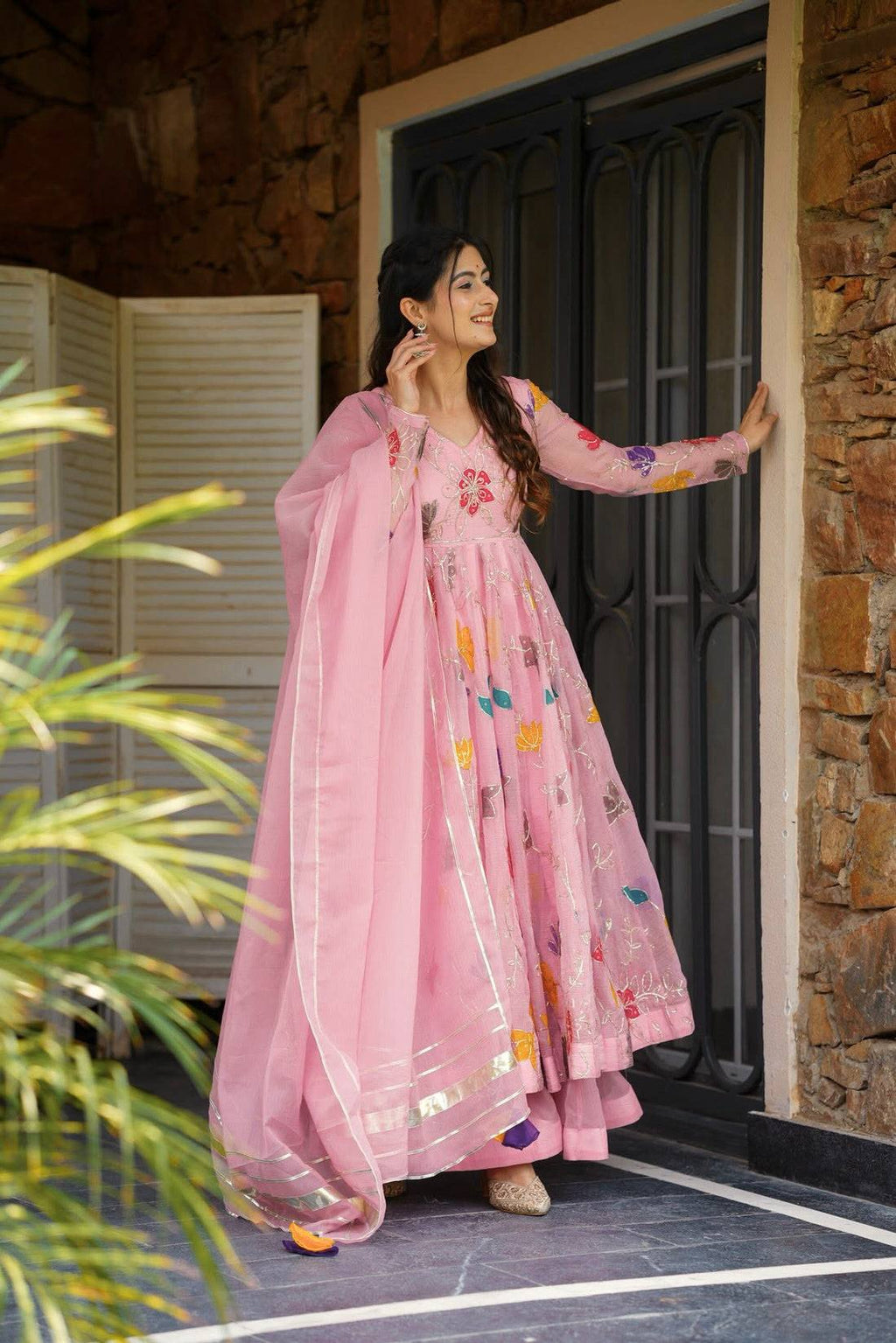 Eloriya Pastel Pink Embroidered Anarkali With Sharara - XL [42] | Eloriya India