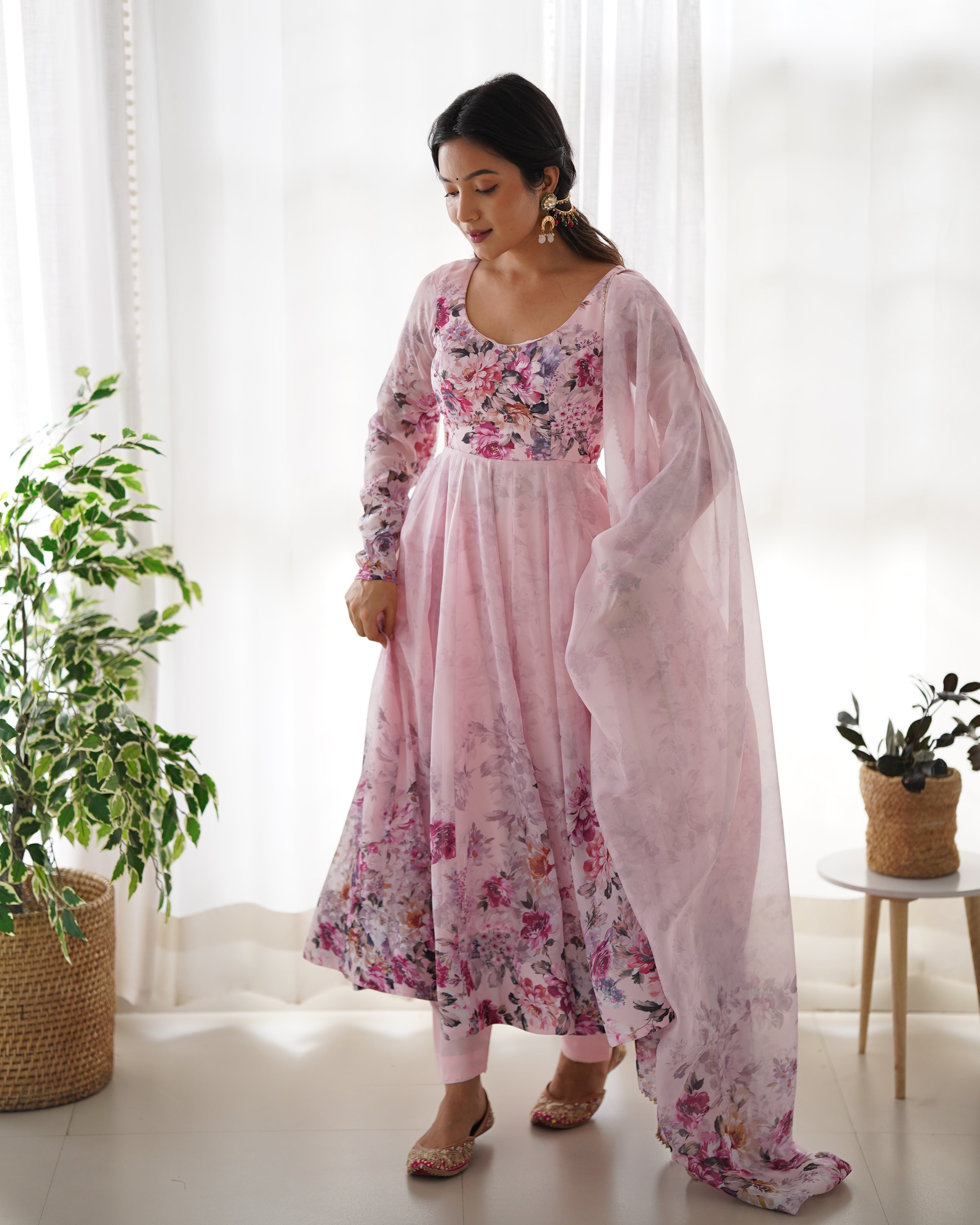Eloriya Premium Quality Silk Gown Anarkali Suit Set - M | Eloriya India