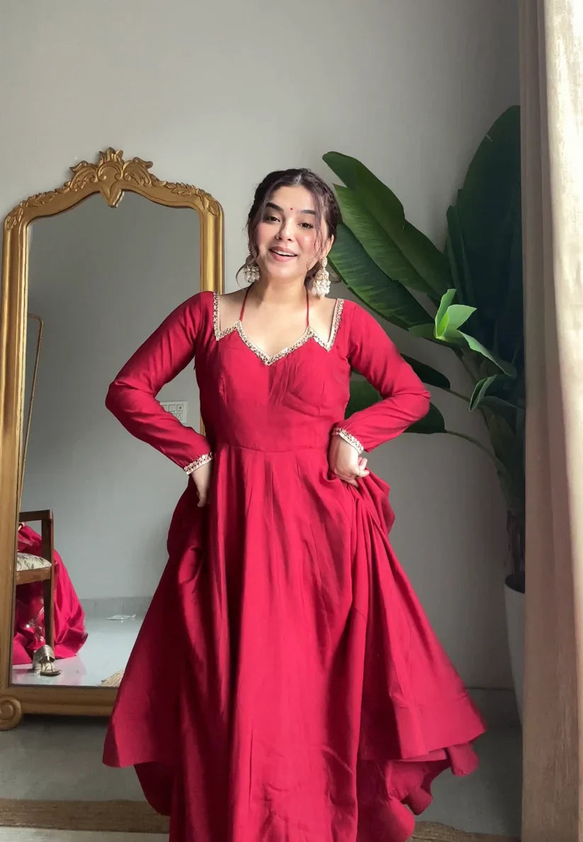 Eloriya Neha Smooth Roman Silk Fabric Premium Anarkali Suit Set - Pink | Eloriya India