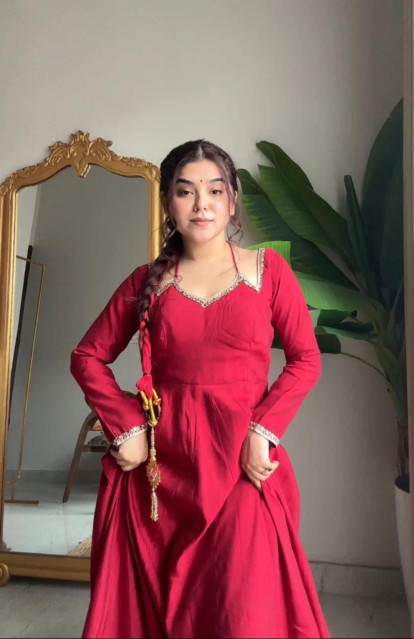 Eloriya Neha Smooth Roman Silk Fabric Premium Anarkali Suit Set - MAROON | Eloriya India
