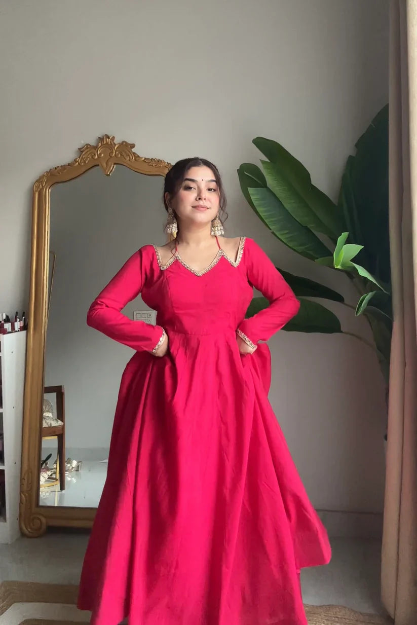 Eloriya Neha Smooth Roman Silk Fabric Premium Anarkali Suit Set - Pink | Eloriya India