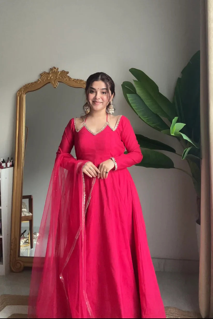 Eloriya Neha Smooth Roman Silk Fabric Premium Anarkali Suit Set - Pink | Eloriya India