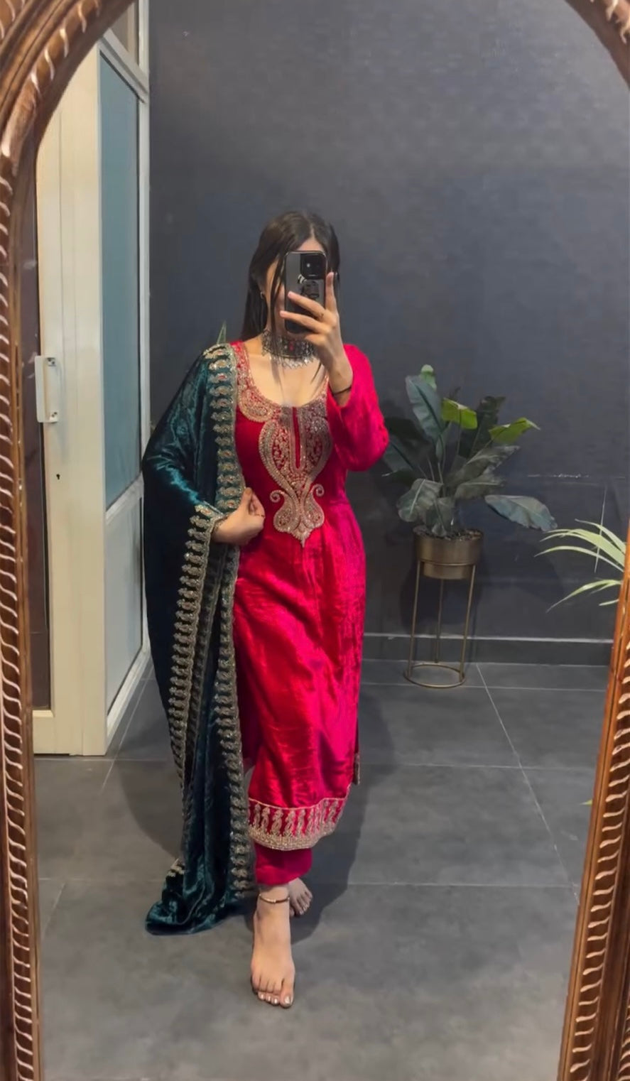 Eloriya Premium Designer Velvet Suit Set-Rajwadi - L [40] | Eloriya India