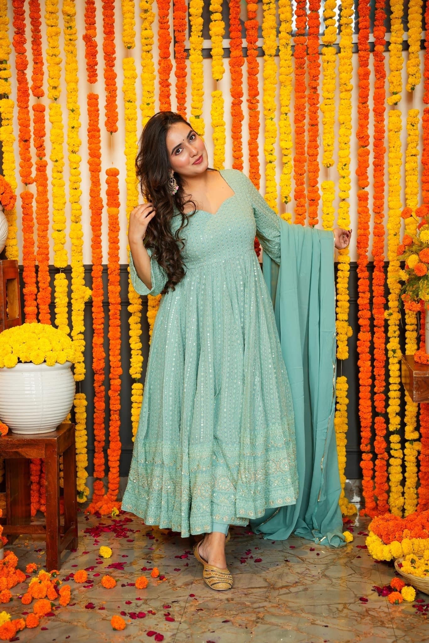 Eloriya Premium Quality Sky Anarkali Suit Set - M [38] | Eloriya India