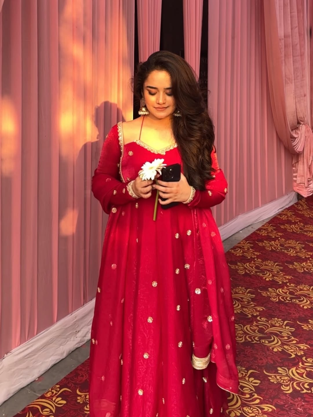 Eloriya Molins Fendy Silk Blush Red Anarkali Premium Suit Set - S [36] | Eloriya India