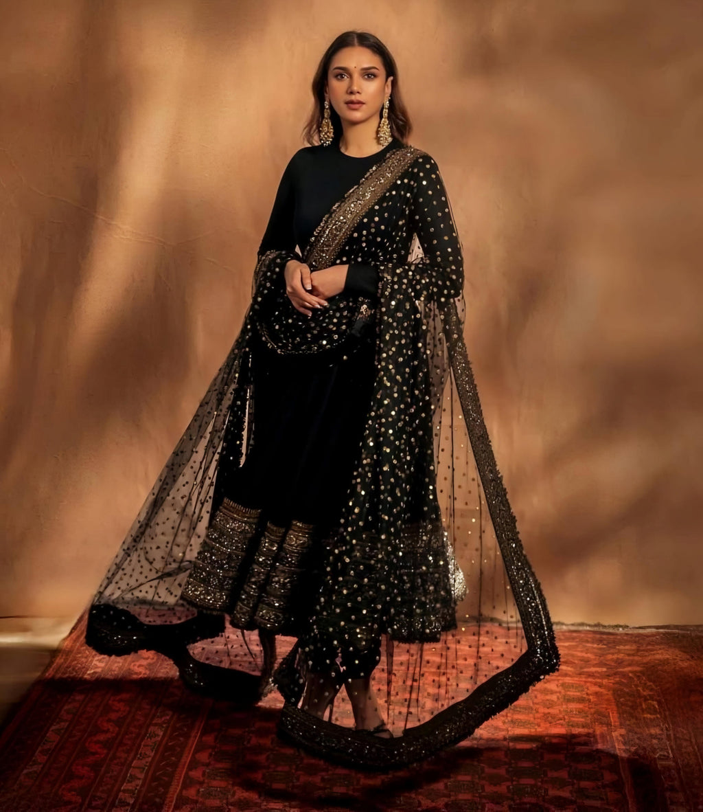 Eloriya Aditi Premium Black Anarkali Suit Set - L [40] | Eloriya India