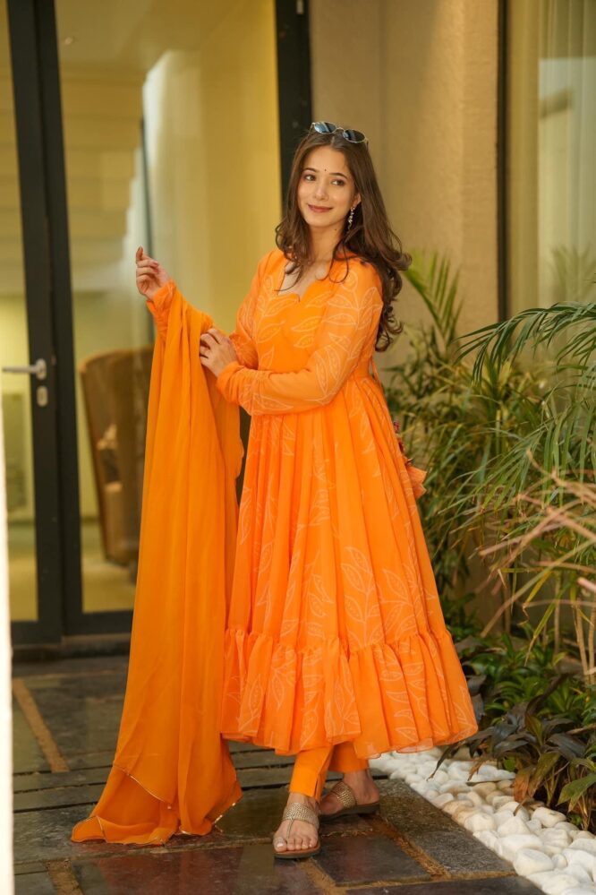Eloriya Marigold Orange Georgette Suit Set | Eloriya India