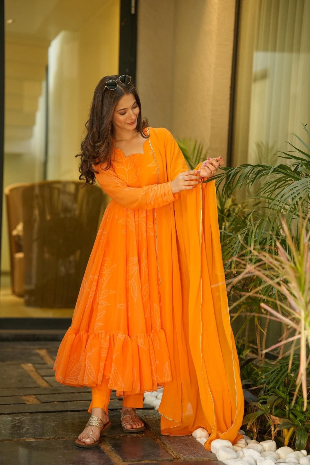Eloriya Marigold Orange Georgette Suit Set - M [38] | Eloriya India