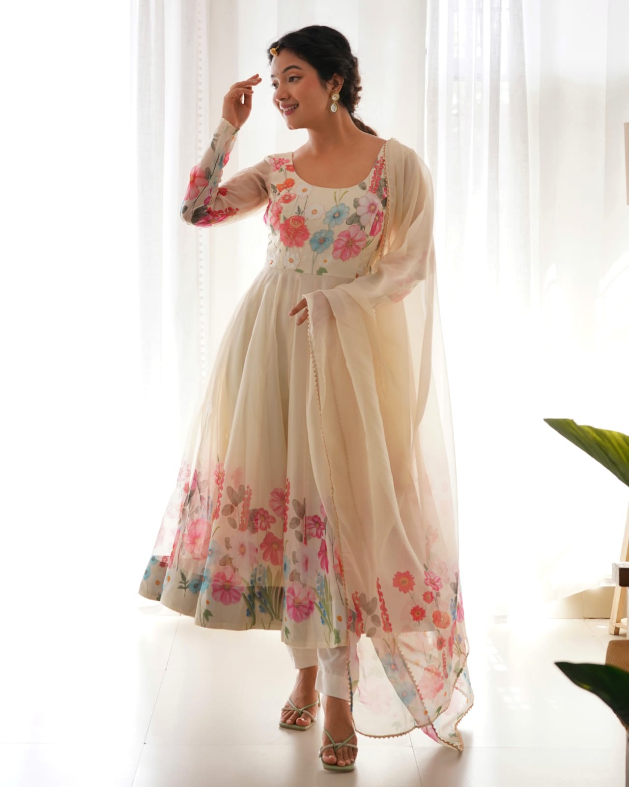 Eloriya Creme Coloured Organza Suit - M(38) | Eloriya India