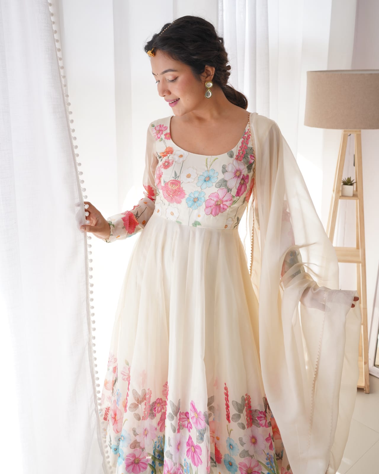 Eloriya Creme Coloured Organza Suit - S(36) | Eloriya India