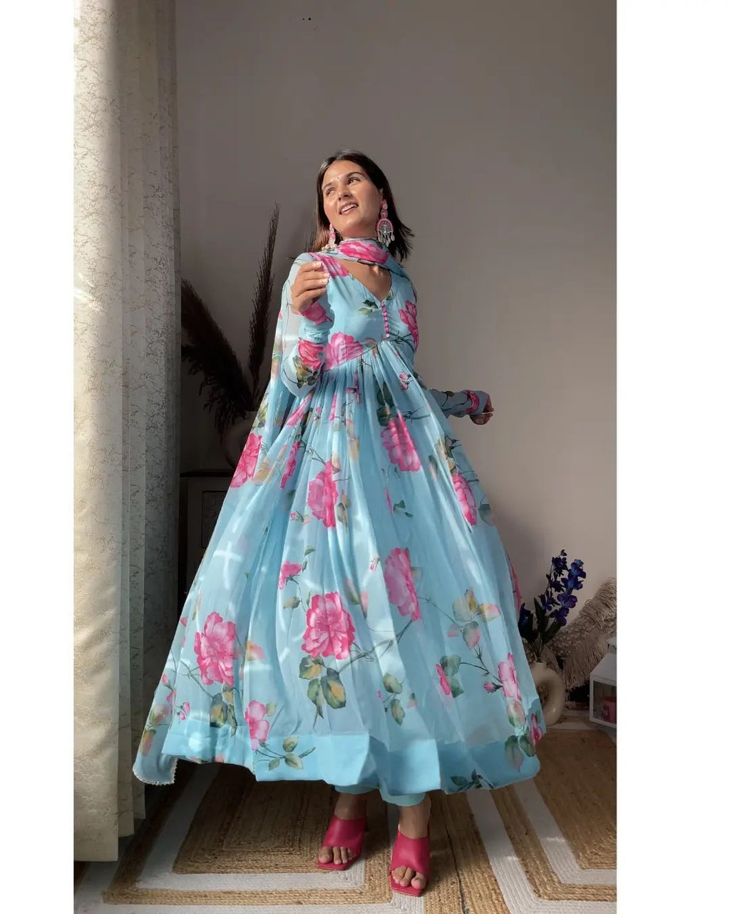 Eloriya Aniska Sky Blue Floral Print Suit Set - S [36] | Eloriya India