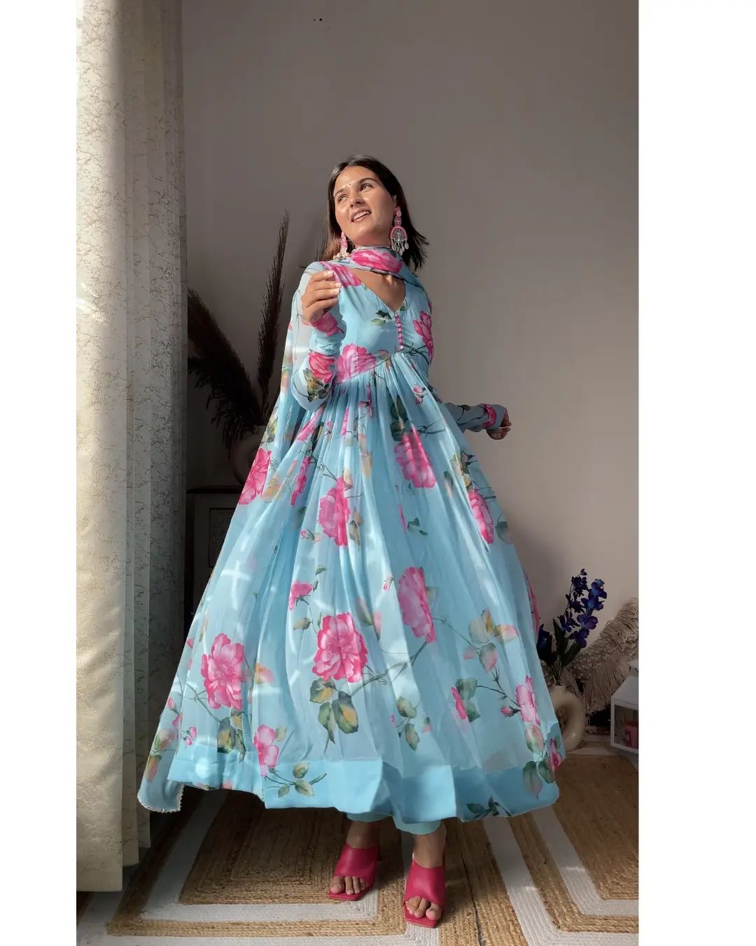 Eloriya Aniska Sky Blue Floral Print Suit Set - S [36] | Eloriya India