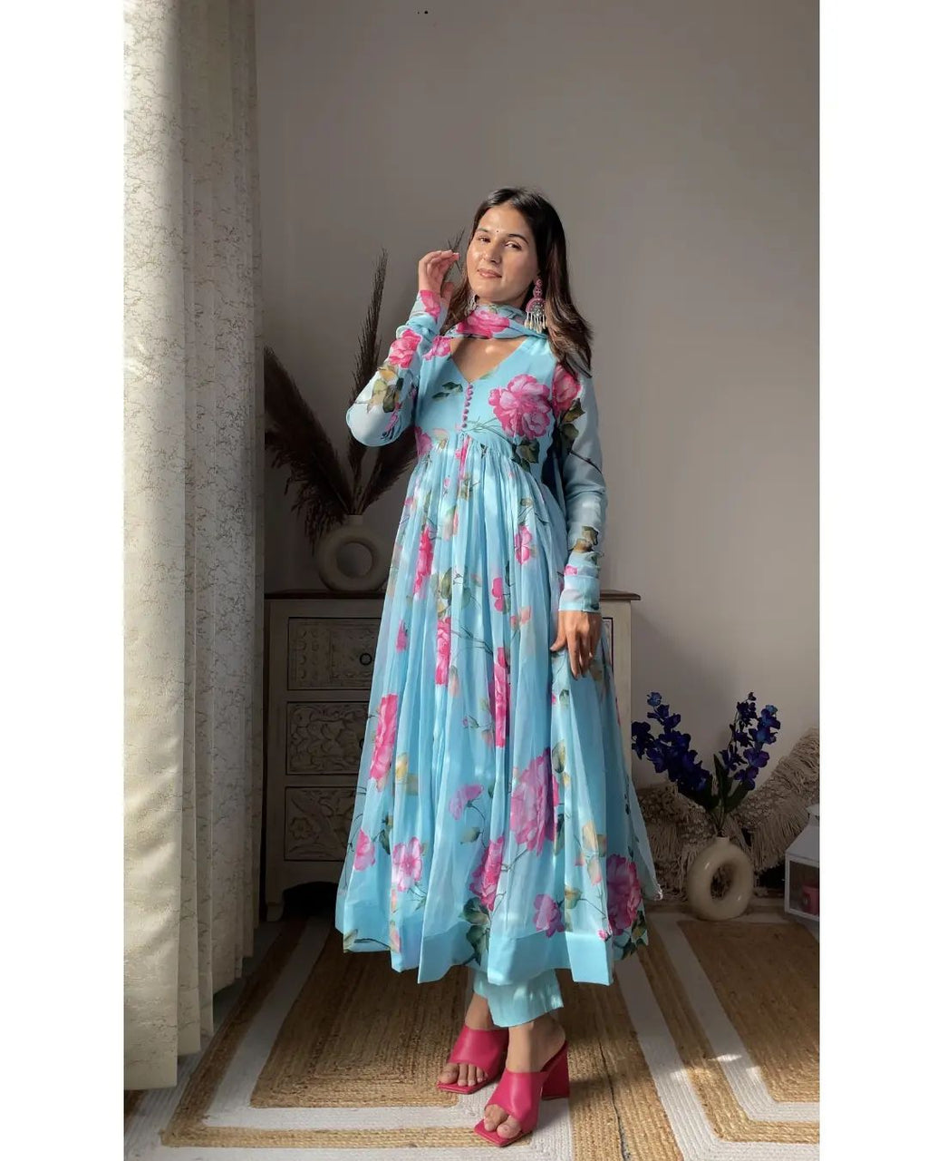 Eloriya Aniska Sky Blue Floral Print Suit Set - 3XL [46] | Eloriya India