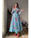 Eloriya Aniska Sky Blue Floral Print Suit Set - M [38] | Eloriya India
