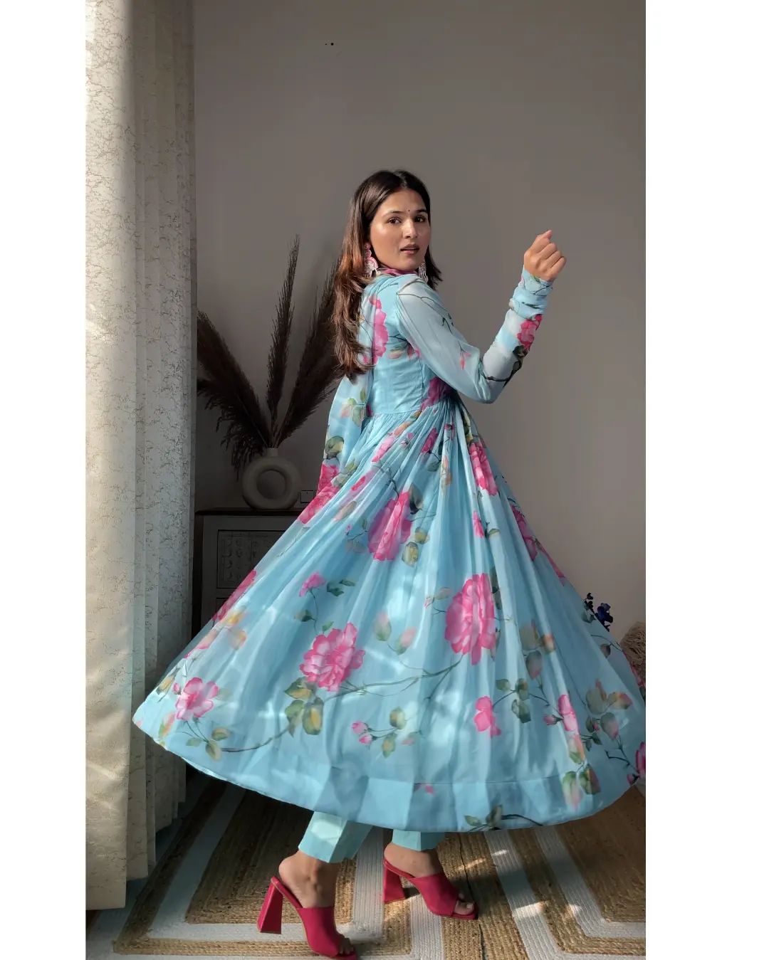 Eloriya Aniska Sky Blue Floral Print Suit Set - XS [32] | Eloriya India