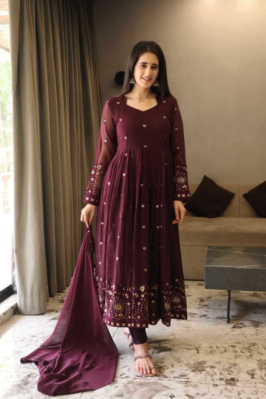 Eloriya Vibhuti's Wine Coloured Anarkali Suit Set - 06 - XS [34] | Eloriya India