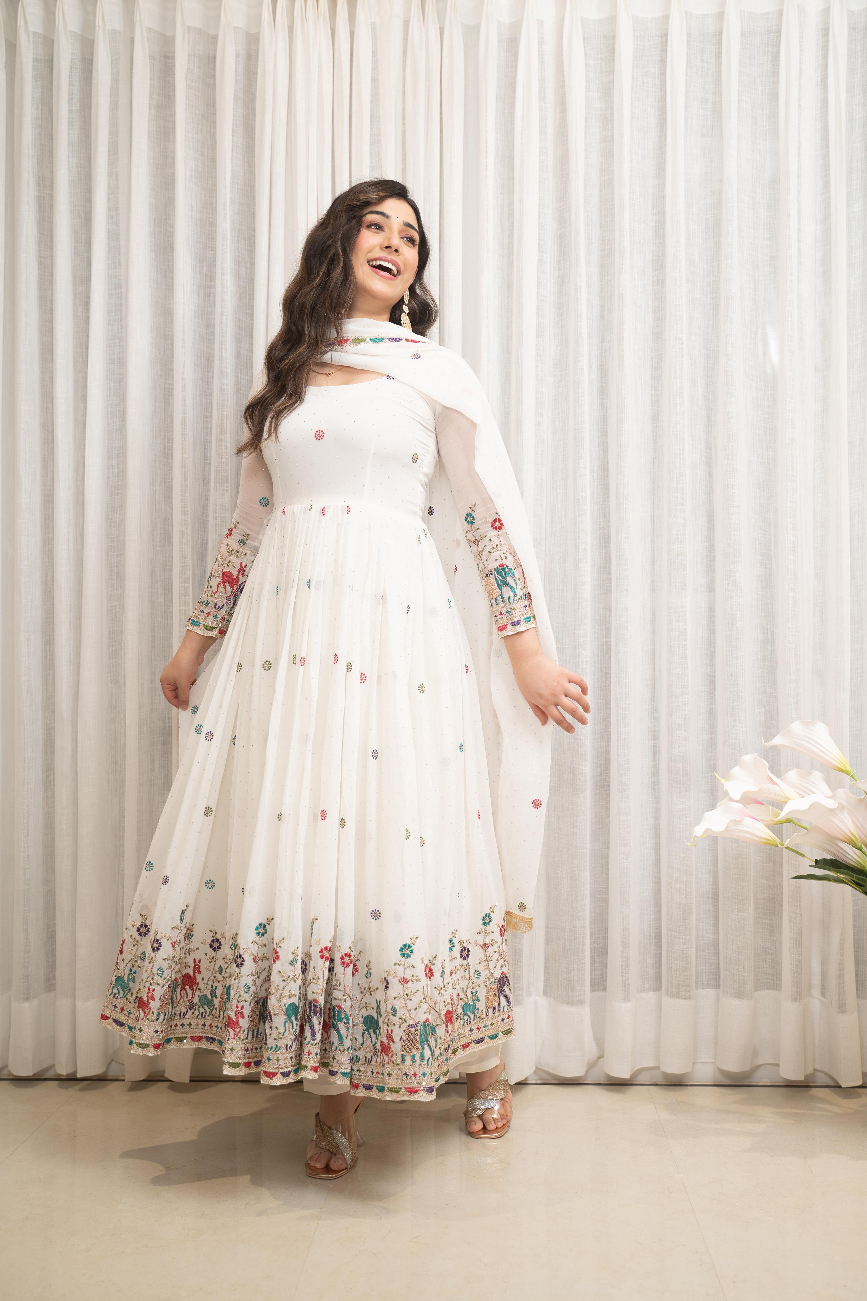 Eloriya Zesta Trendy White Anarkali Suit Set - XL | Eloriya India