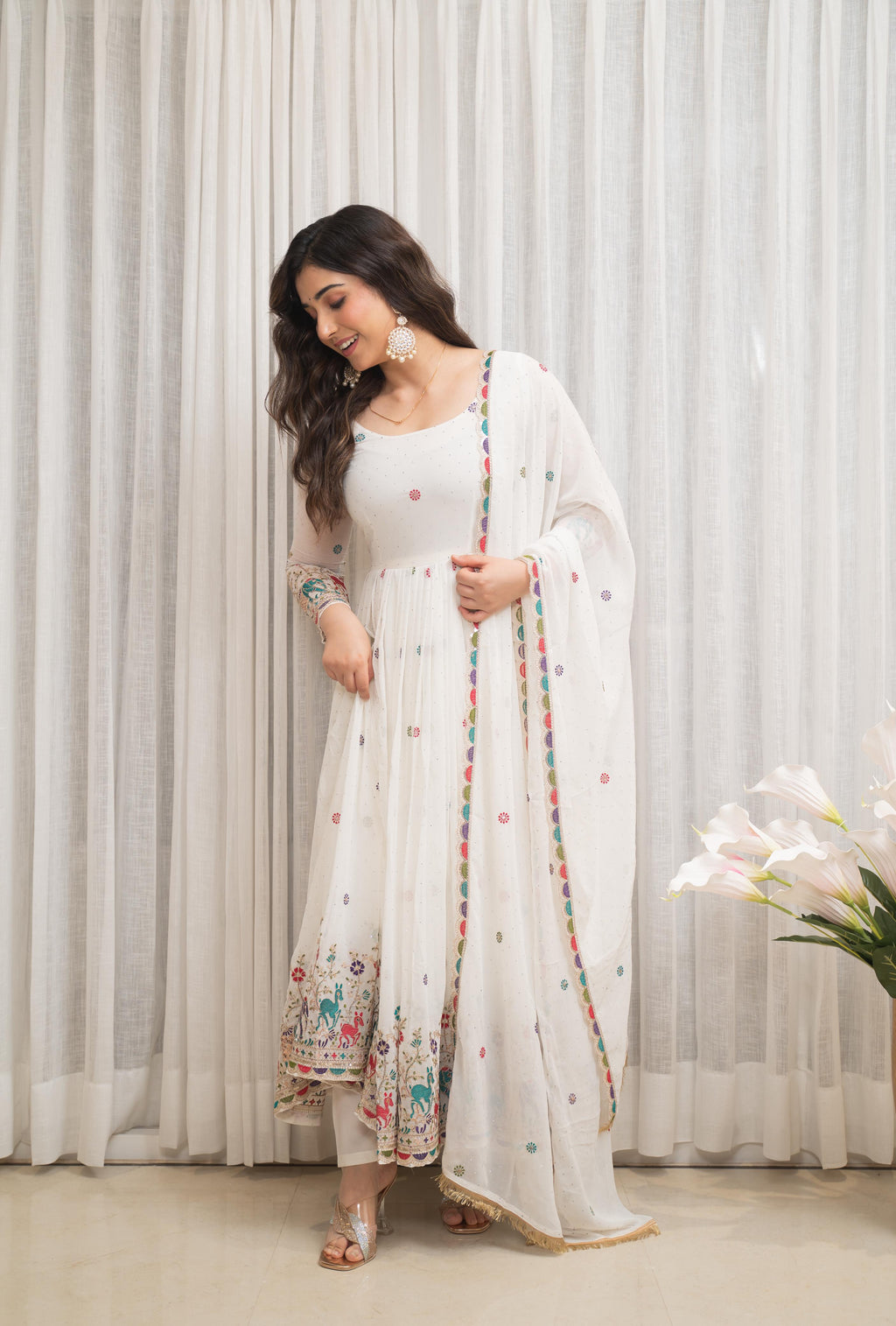 Eloriya Zesta Trendy White Anarkali Suit Set - L | Eloriya India