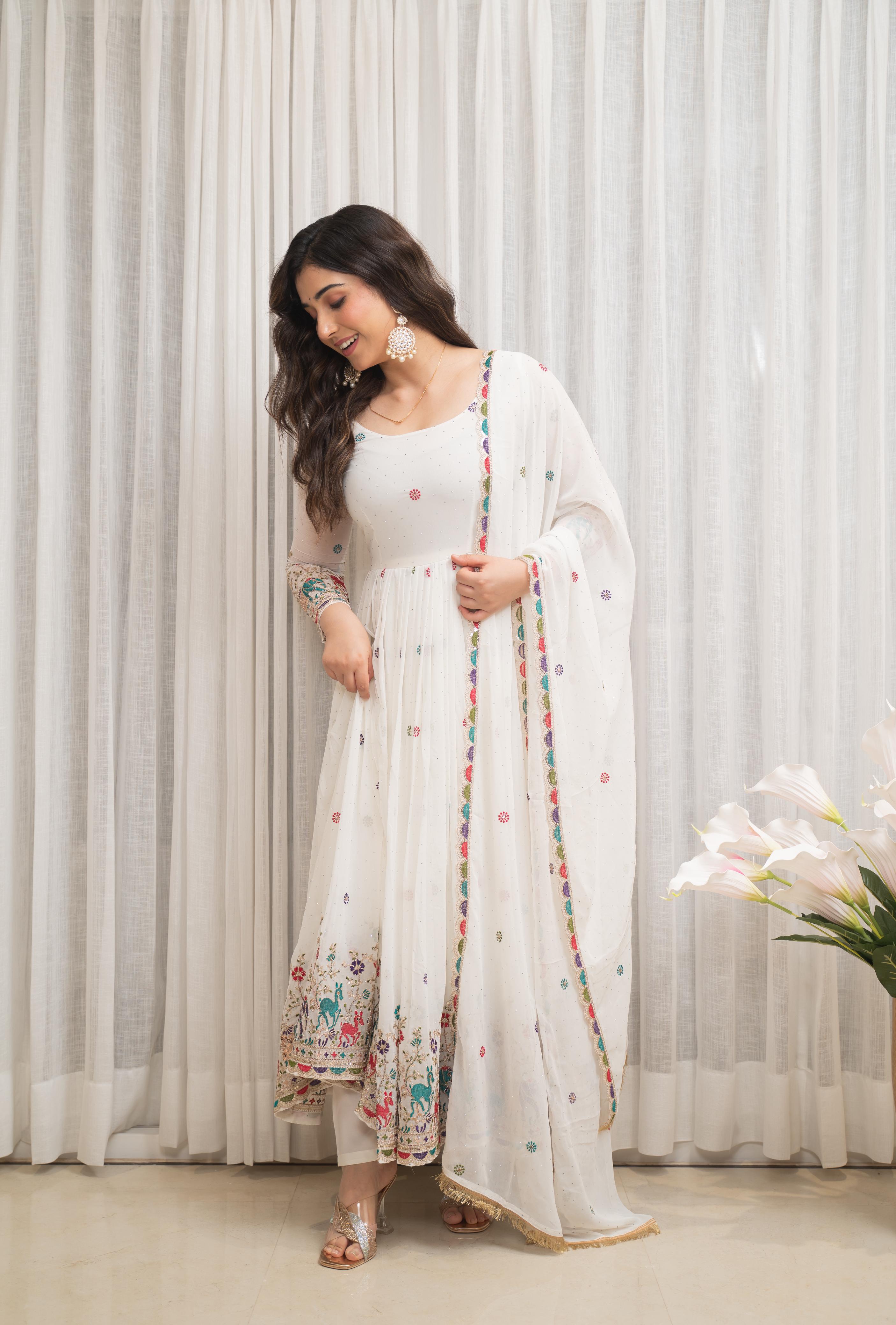 Eloriya Zesta Trendy White Anarkali Suit Set - L | Eloriya India
