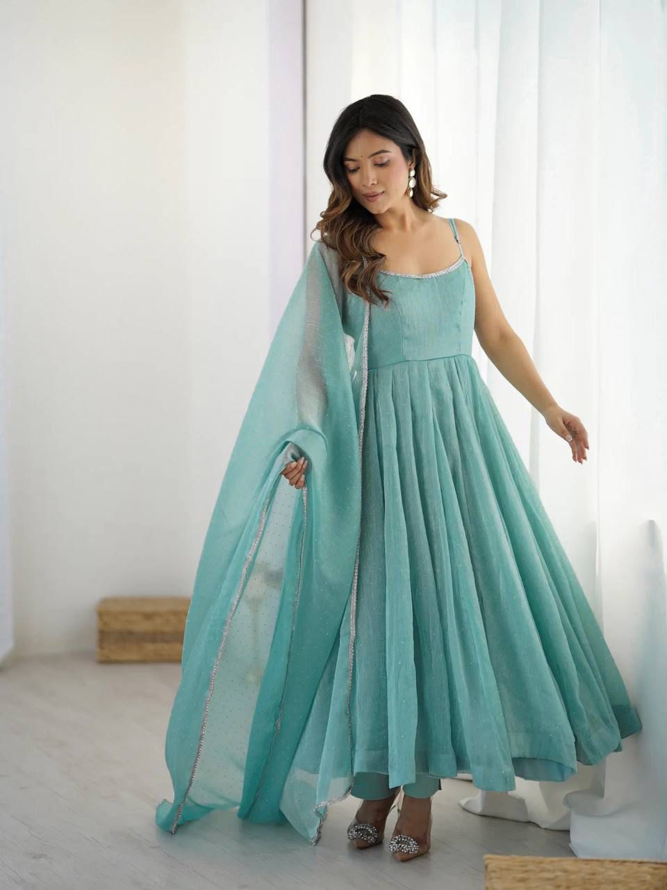 Eloriya Niyara Sky Color Anarkali Suit Set - XS | Eloriya India