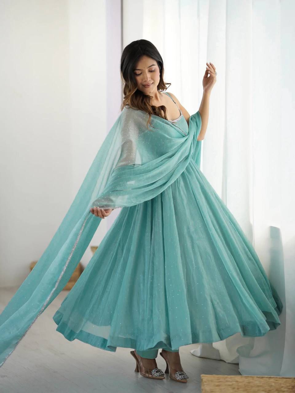 Eloriya Niyara Sky Color Anarkali Suit Set - S | Eloriya India
