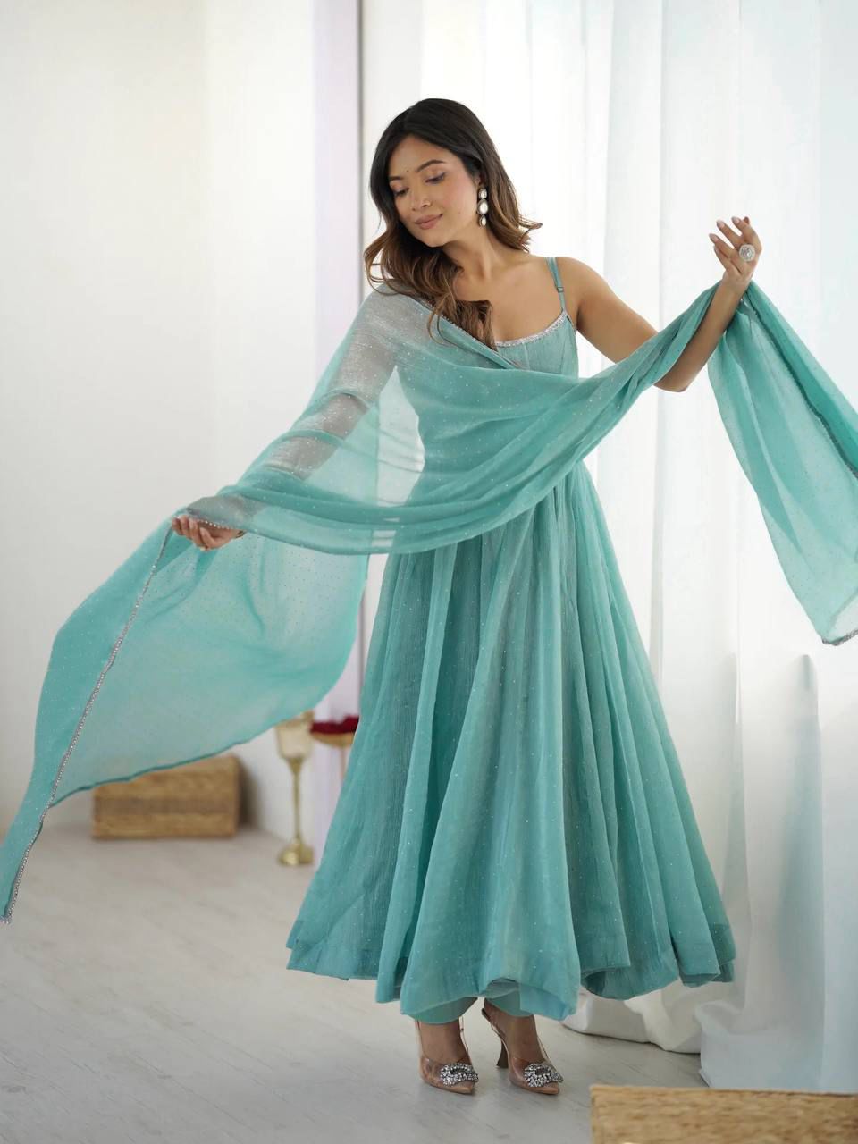 Eloriya Niyara Sky Color Anarkali Suit Set - M | Eloriya India