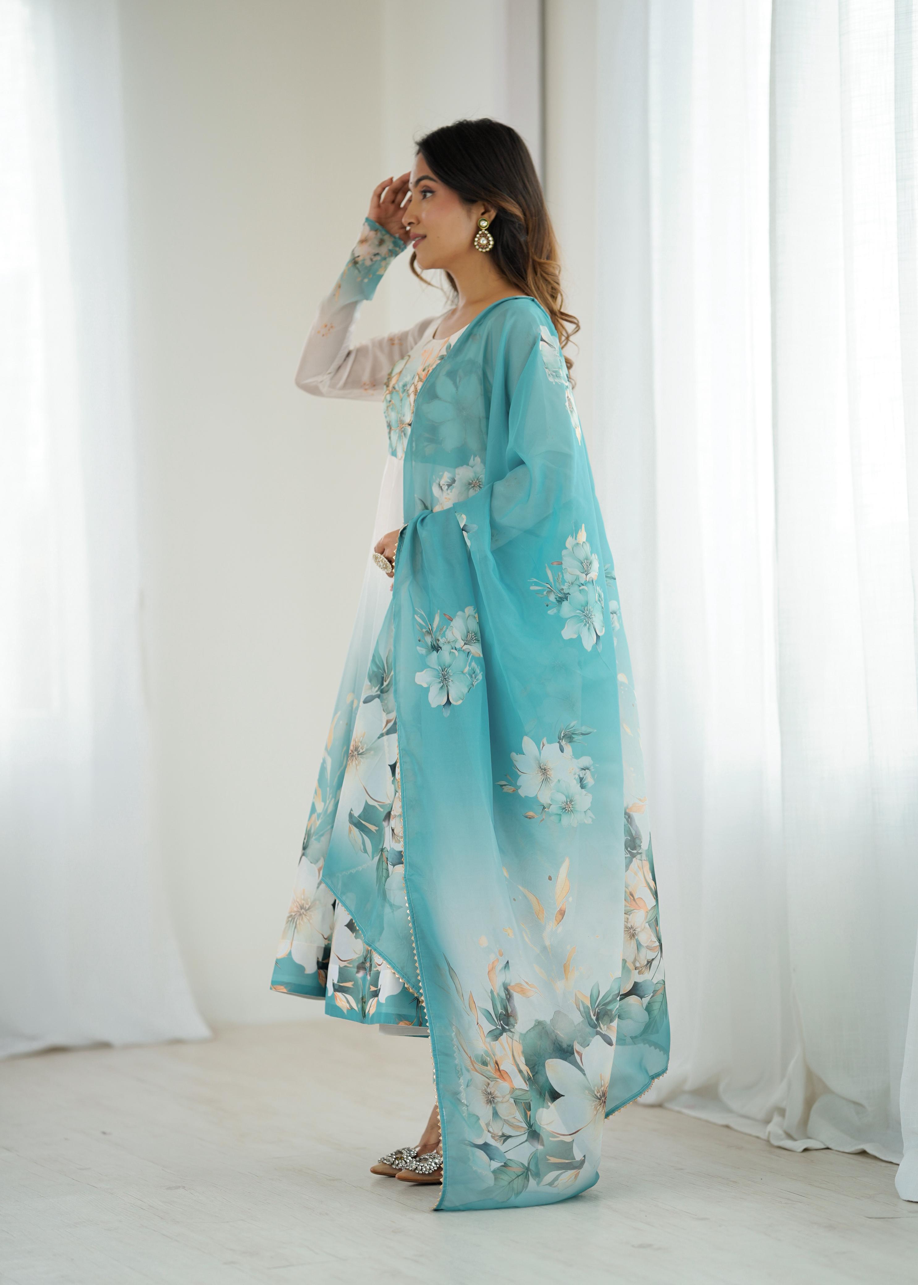 Eloriya Piyara Aqua Blue Color Anarkali Suit Set - L [40] | Eloriya India