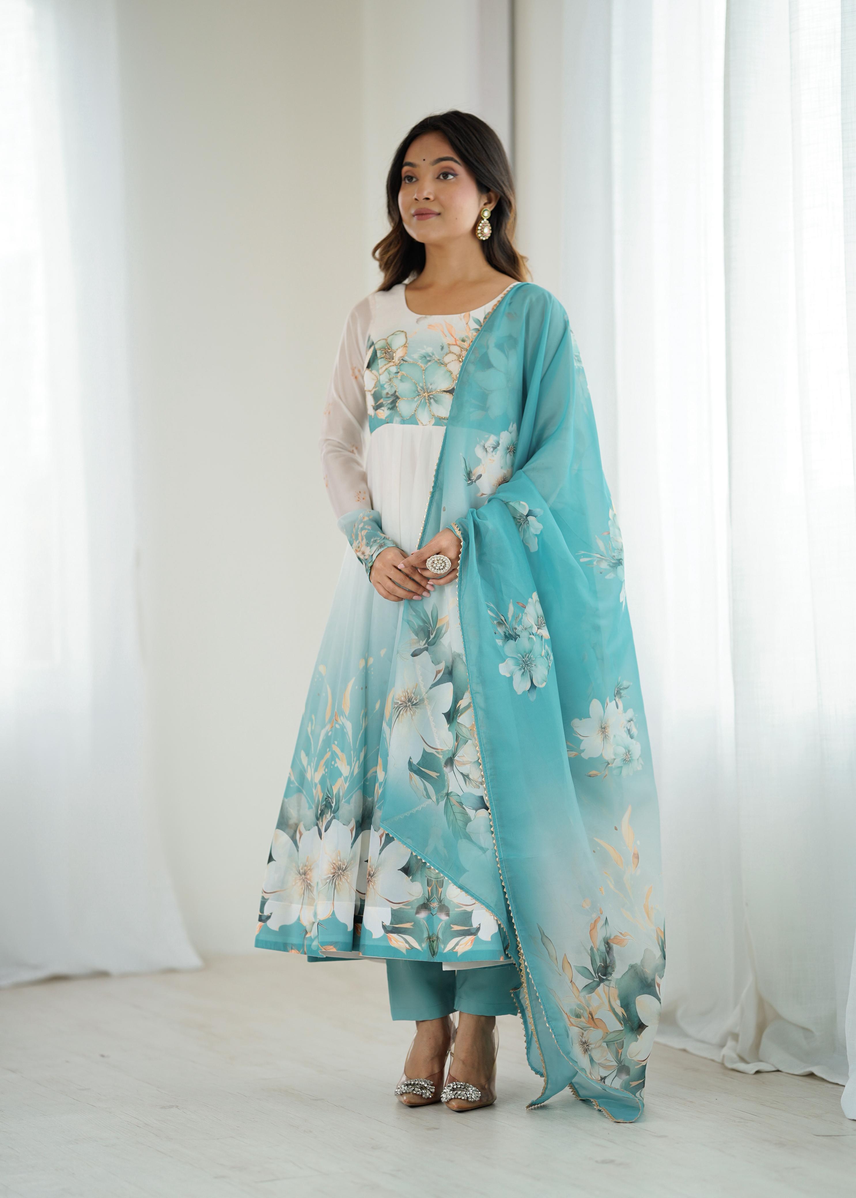 Eloriya Piyara Aqua Blue Color Anarkali Suit Set - XL [42] | Eloriya India