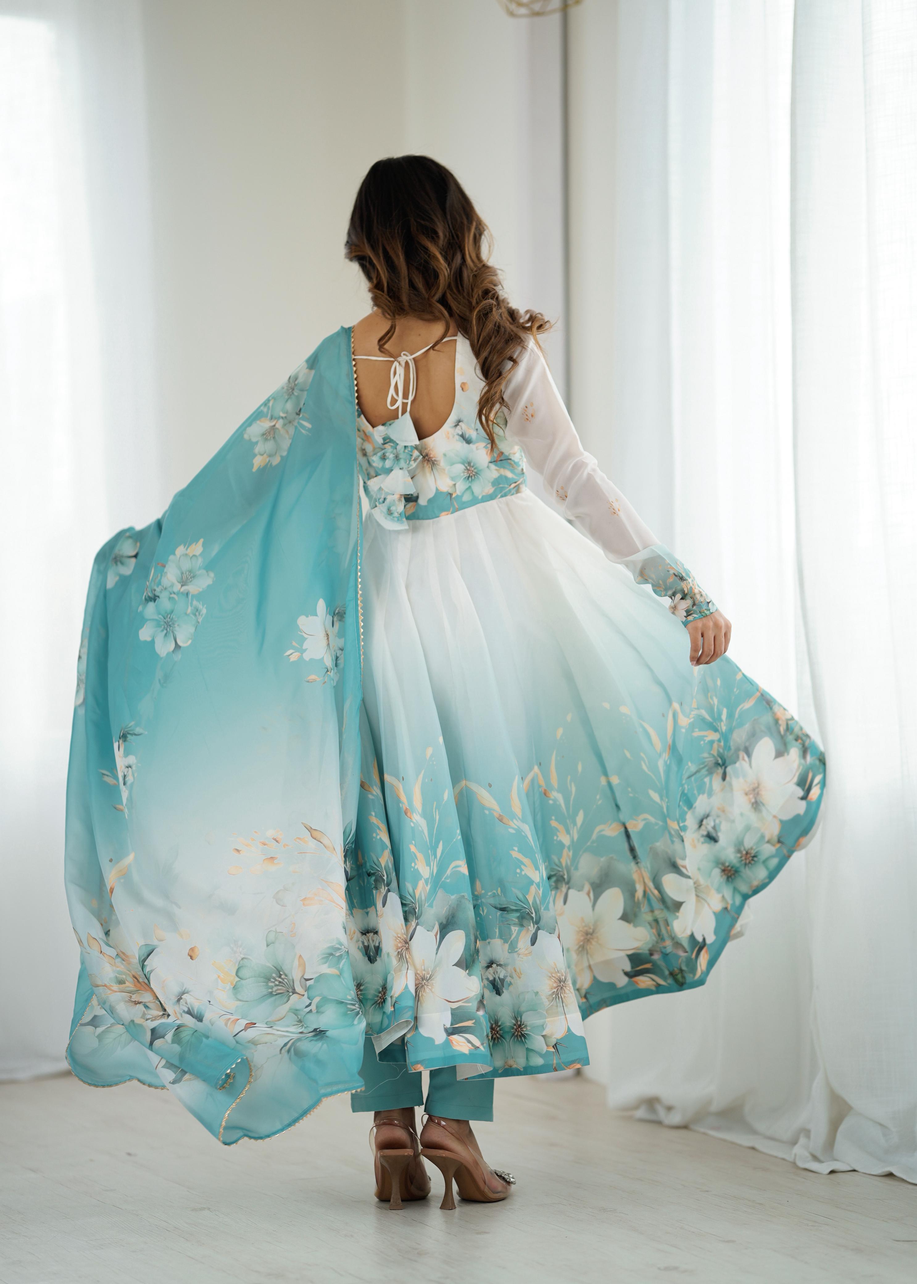 Eloriya Piyara Aqua Blue Color Anarkali Suit Set - 2XL [44] | Eloriya India
