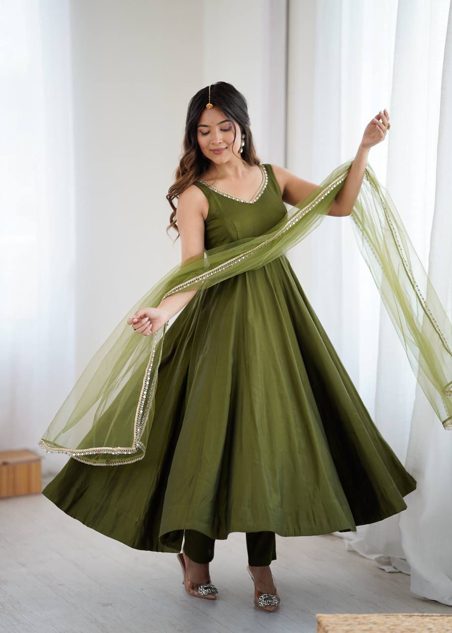 Eloriya Kiyara Mahendi Color Anarkali Suit Set [Sleeves Fabric Attached] - XS [34] | Eloriya India