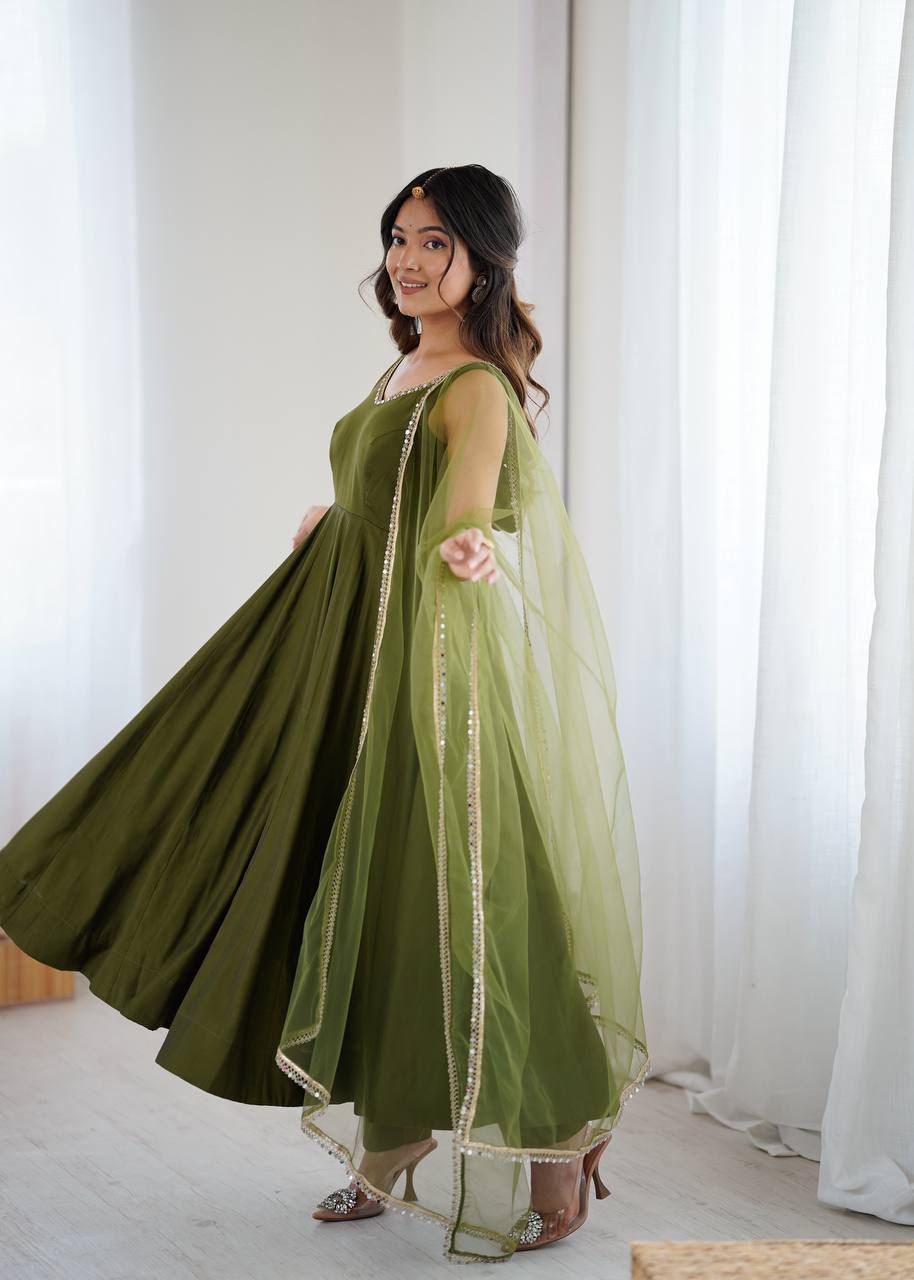 Eloriya Kiyara Mahendi Color Anarkali Suit Set [Sleeves Fabric Attached] - XL [42] | Eloriya India