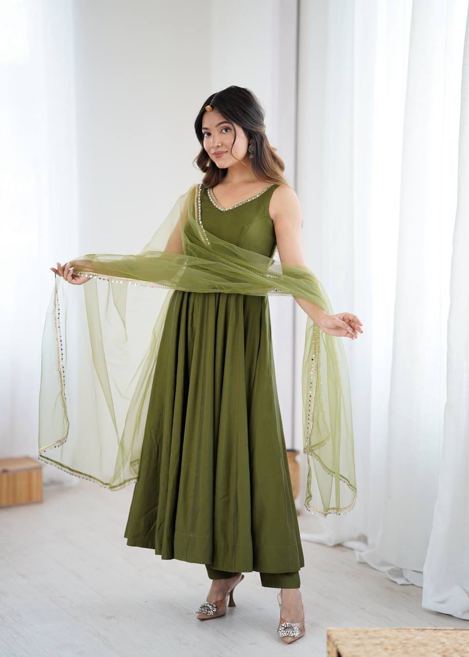 Eloriya Kiyara Mahendi Color Anarkali Suit Set [Sleeves Fabric Attached] | Eloriya India