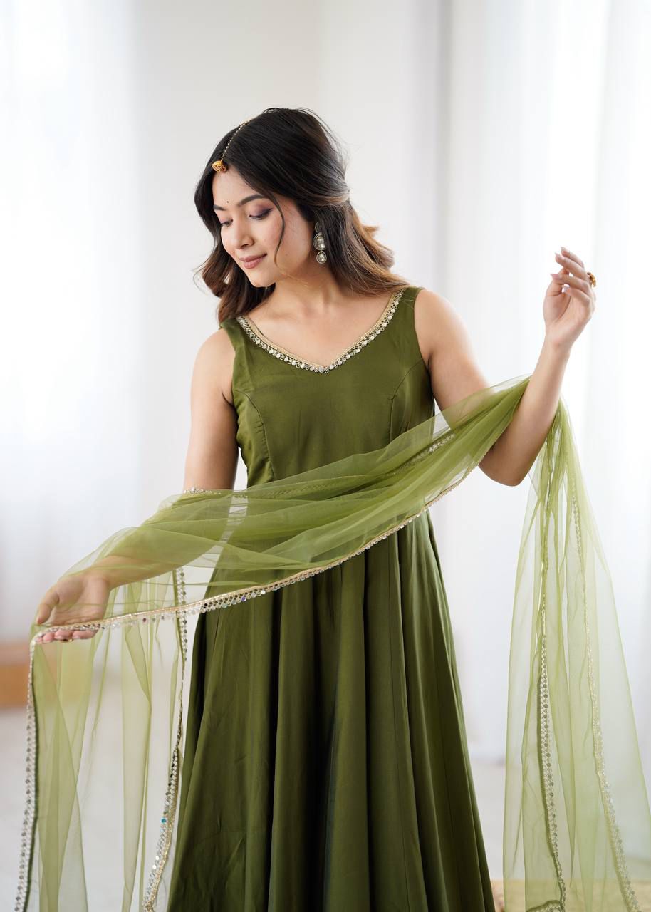 Eloriya Kiyara Mahendi Color Anarkali Suit Set [Sleeves Fabric Attached] - 2XL [44] | Eloriya India
