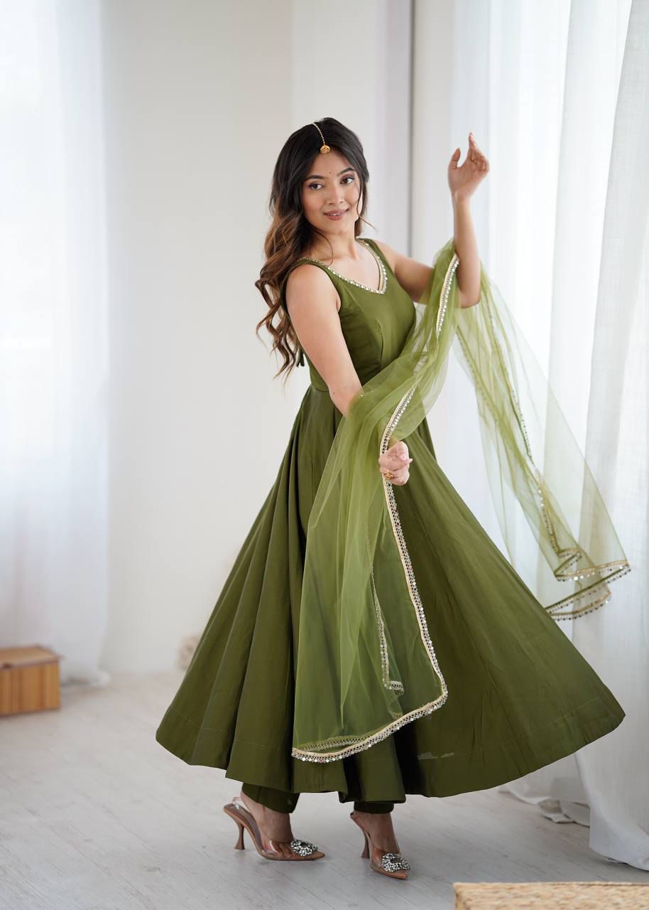 Eloriya Kiyara Mahendi Color Anarkali Suit Set [Sleeves Fabric Attached] - L [40] | Eloriya India