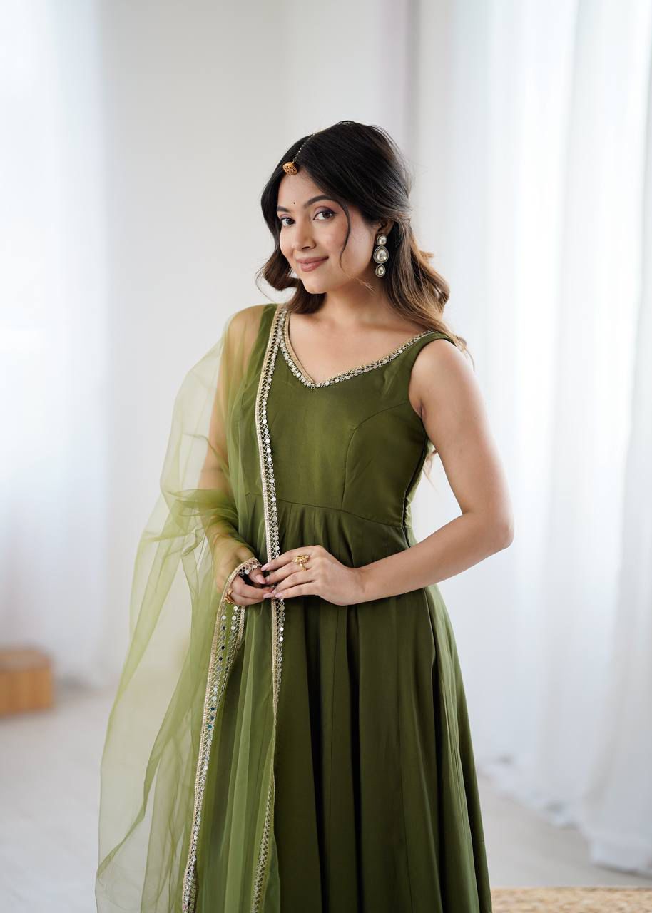 Eloriya Kiyara Mahendi Color Anarkali Suit Set [Sleeves Fabric Attached] | Eloriya India