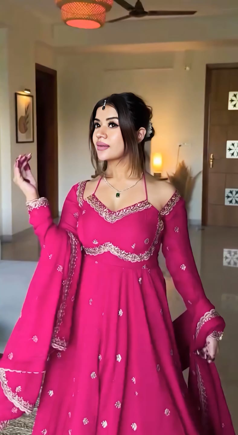 Eloriya Pink Slit Anarkali Premium Suit Set - L [40] | Eloriya India