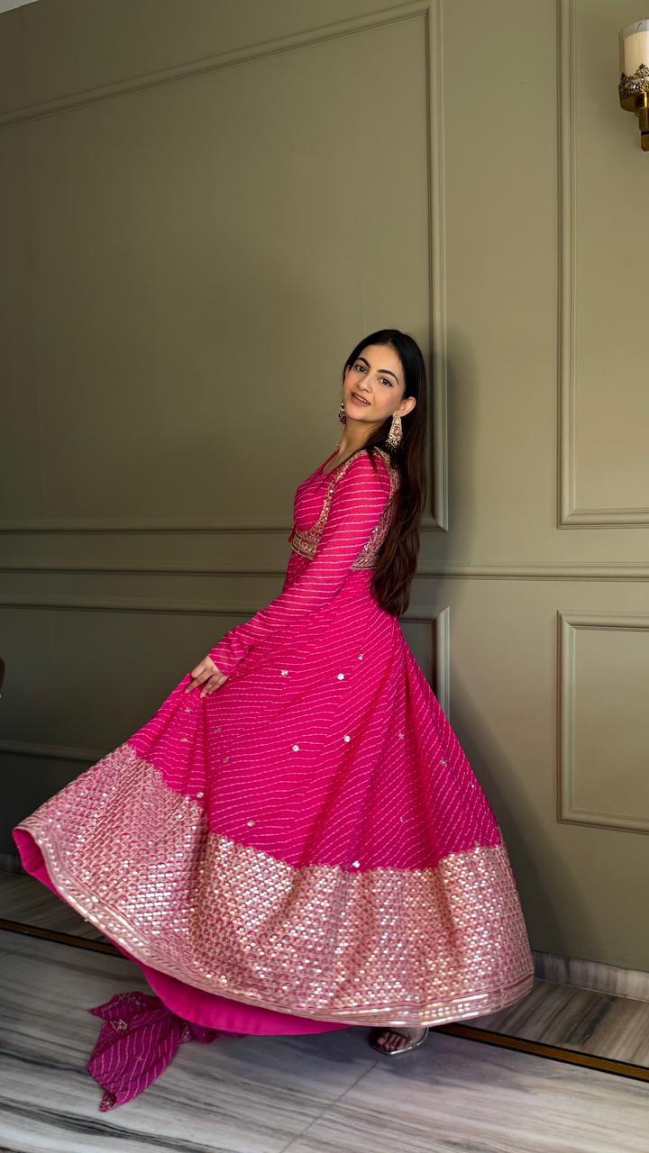 Eloriya Premium Bandhej Heavy Traditional Koti Anarkali Suit Set - M [38] | Eloriya India