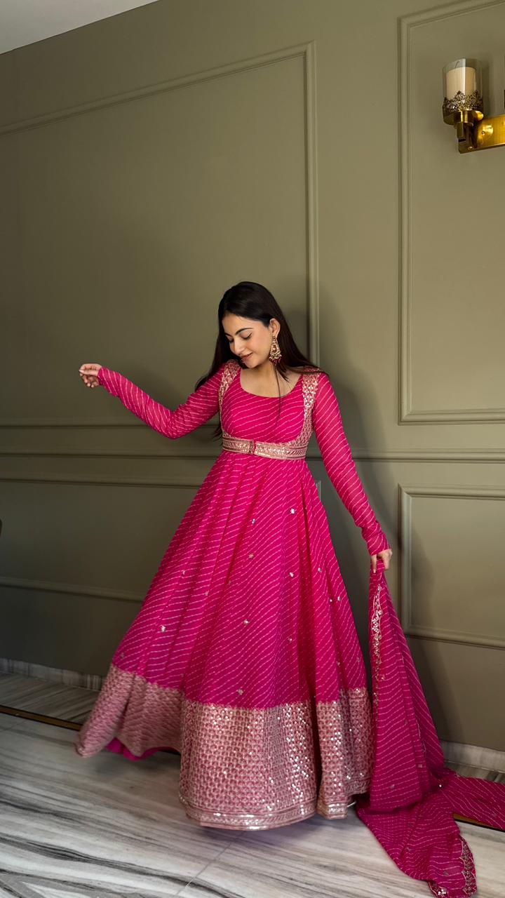 Eloriya Premium Bandhej Heavy Traditional Koti Anarkali Suit Set - XL [42] | Eloriya India