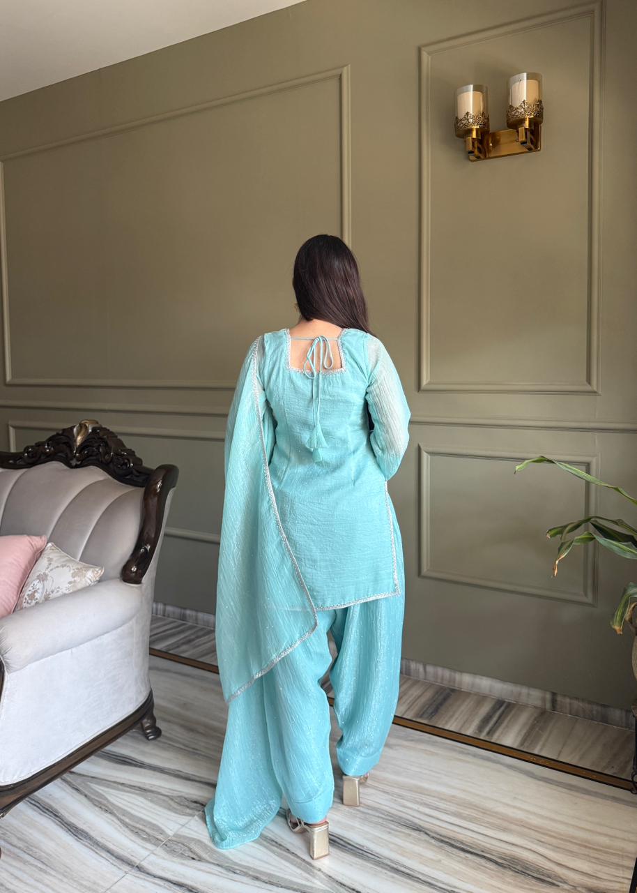 Eloriya Beautiful Pure Chinon Silk Fabric Straight Fit Kurta, Dupatta With Trouser Set - S [36] | Eloriya India