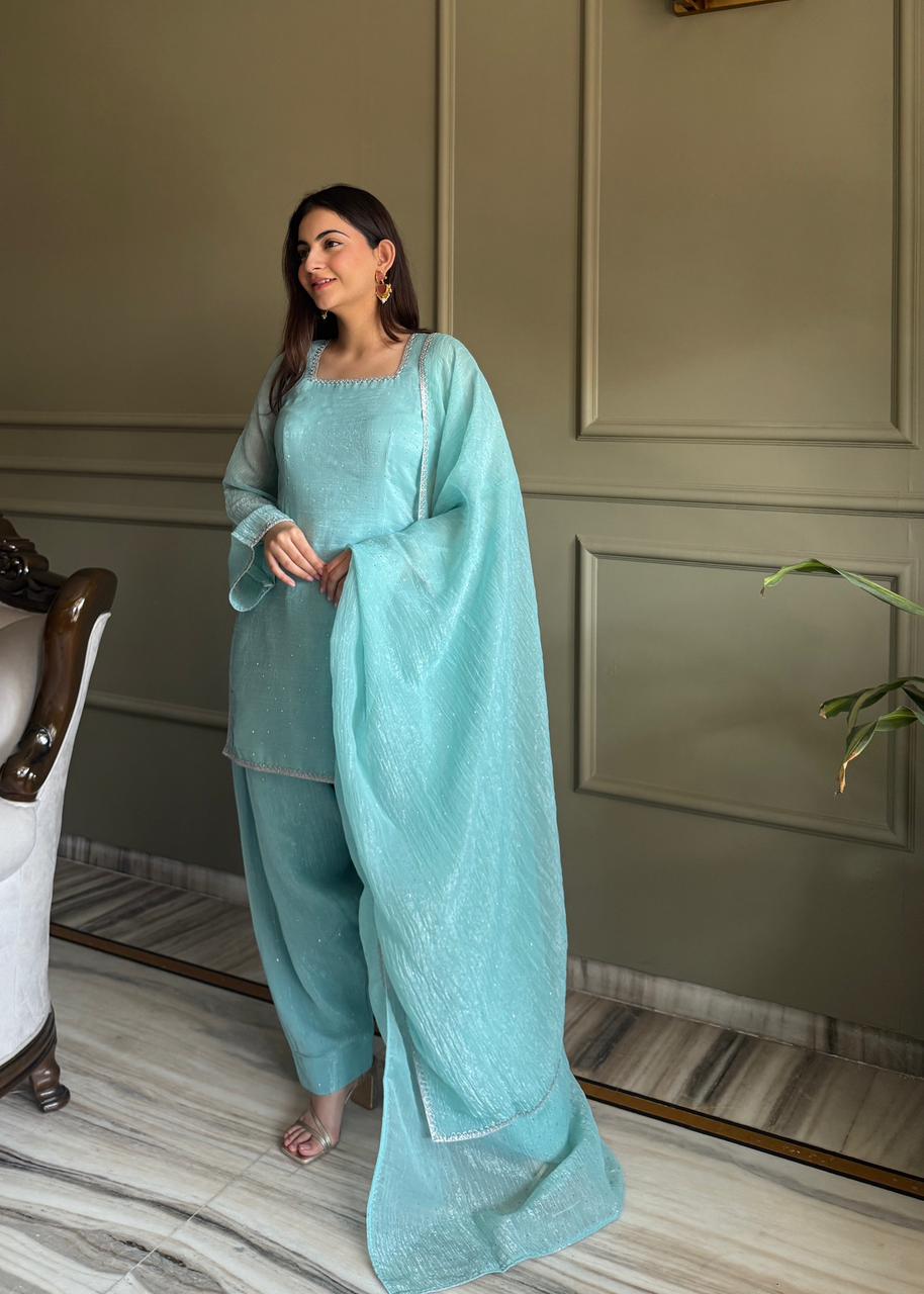 Eloriya Beautiful Pure Chinon Silk Fabric Straight Fit Kurta, Dupatta With Trouser Set - L [40] | Eloriya India