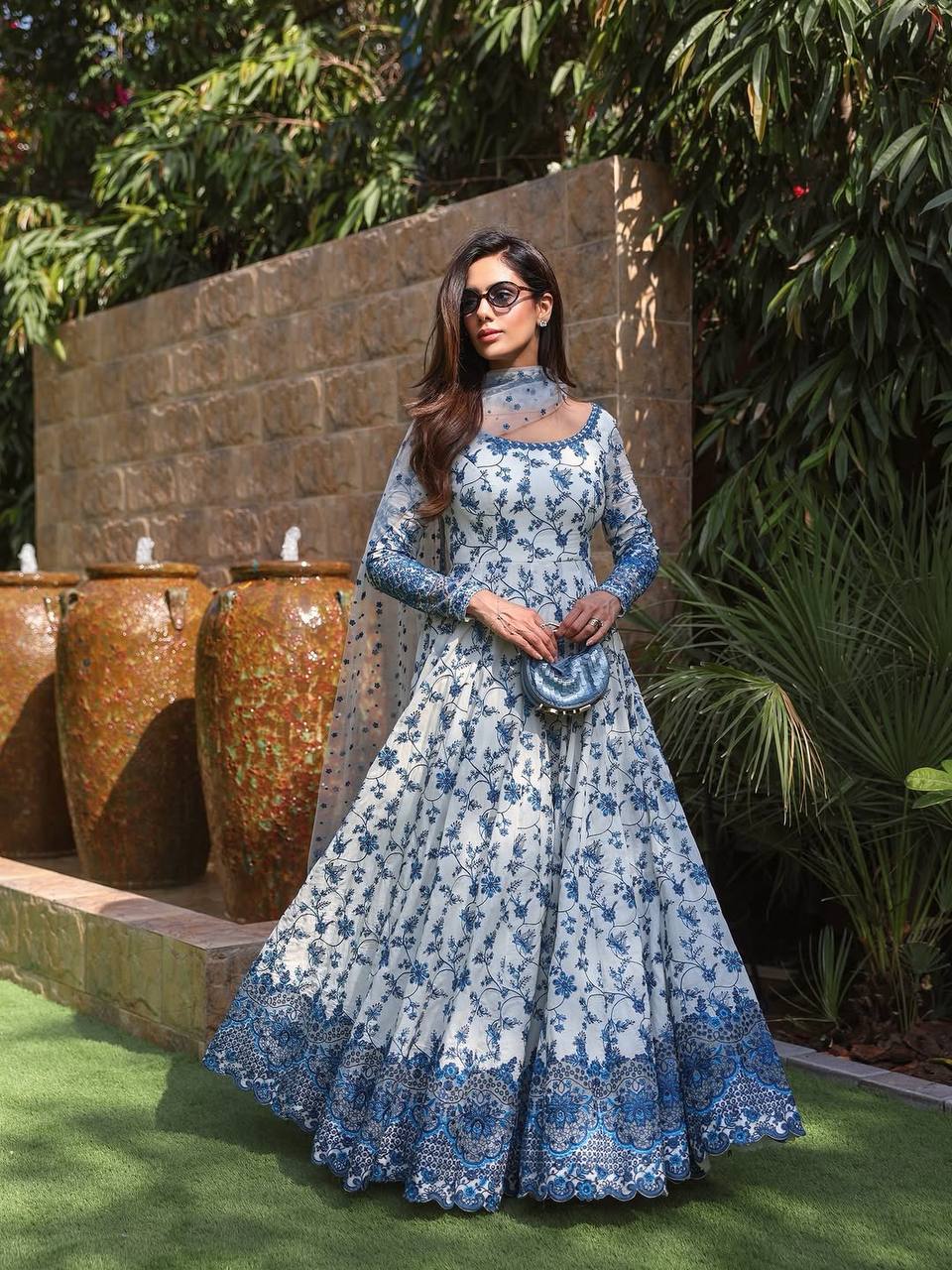 Eloriya Krishva's Exclusive Blue Floral Organza Anarkali Suit Set - XL [42] | Eloriya India