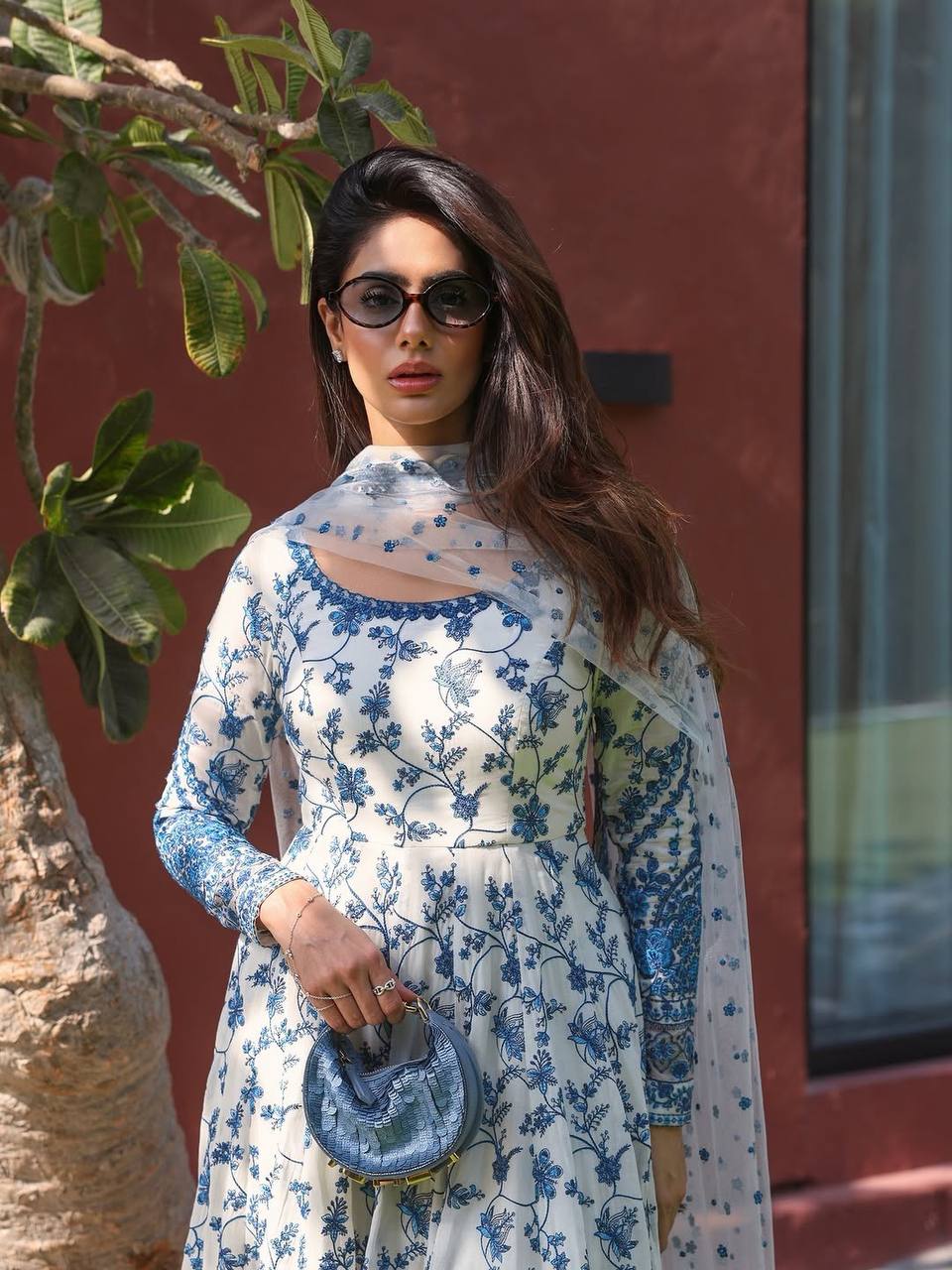 Eloriya Krishva's Exclusive Blue Floral Organza Anarkali Suit Set - 2XL [44] | Eloriya India
