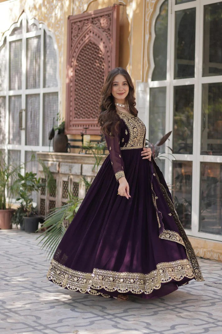 Eloriya Royal Wine Georgette Anarkali Heavy Suit Set - XS [34] | Eloriya India