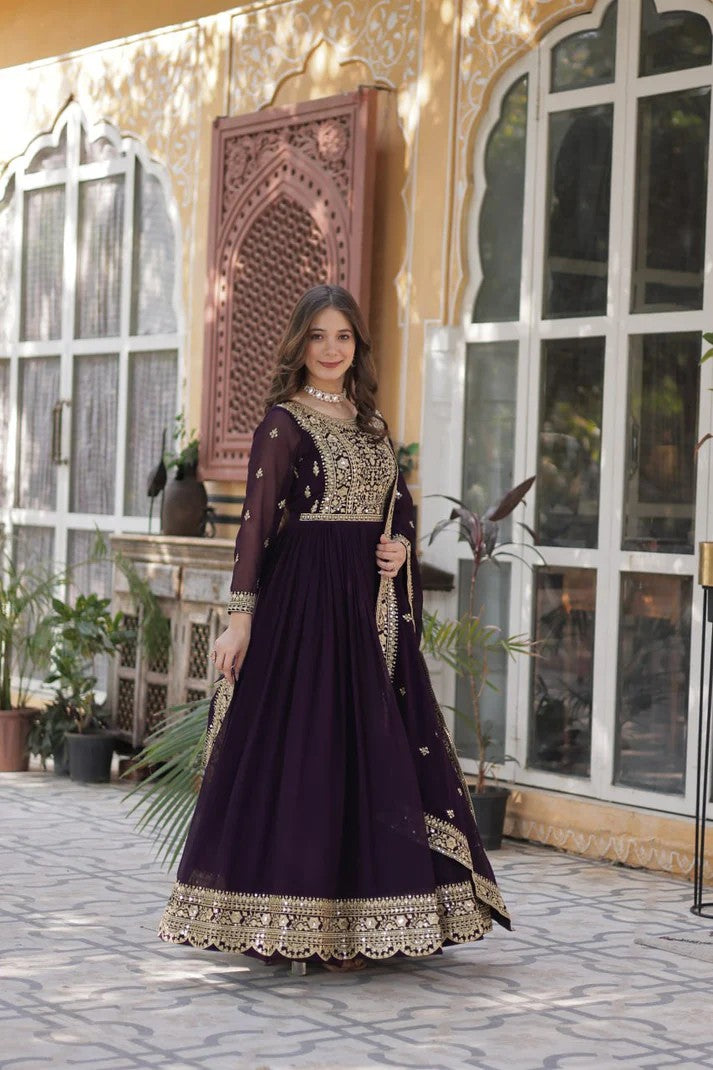 Eloriya Royal Wine Georgette Anarkali Heavy Suit Set - S [36] | Eloriya India