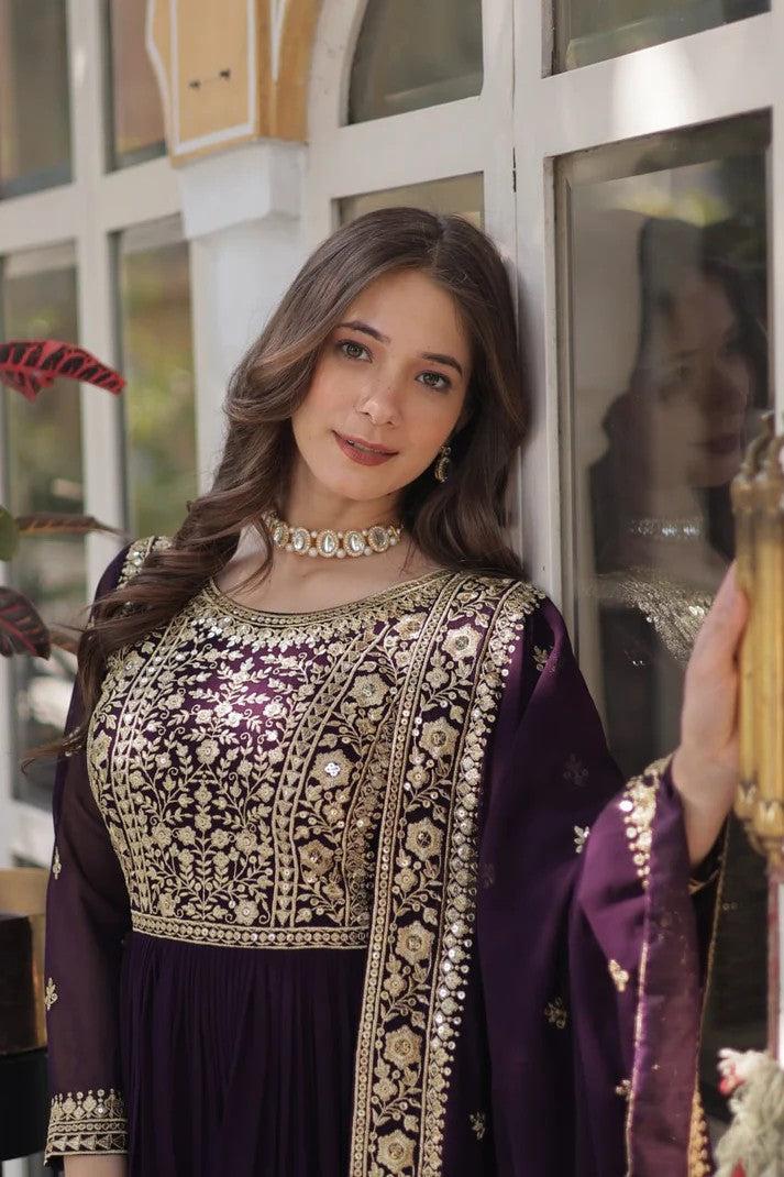 Eloriya Royal Wine Georgette Anarkali Heavy Suit Set - 2XL [44] | Eloriya India