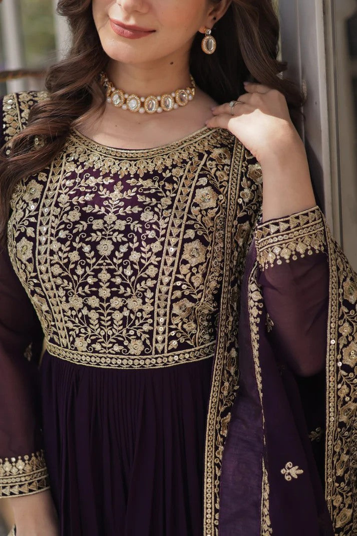 Eloriya Royal Wine Georgette Anarkali Heavy Suit Set - L [40] | Eloriya India