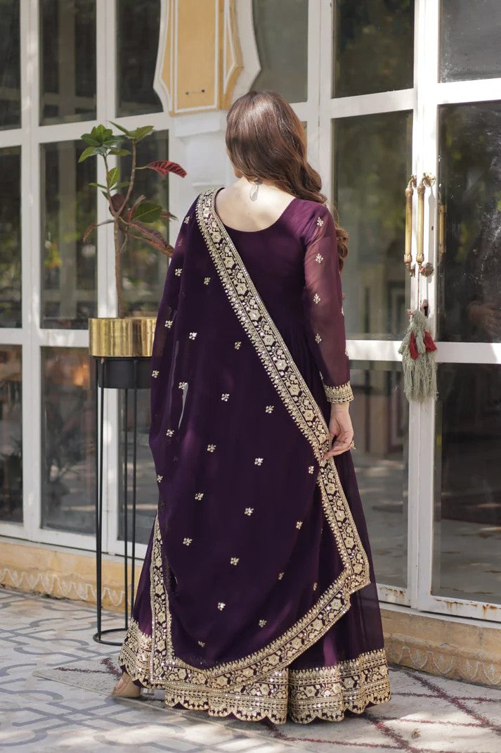 Eloriya Royal Wine Georgette Anarkali Heavy Suit Set - XL [42] | Eloriya India