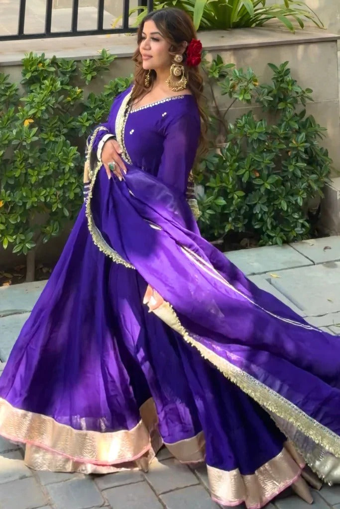 Eloriya Siya's Royal Purple Elegant Golden Border Anarkali Suit Set - L [40] | Eloriya India