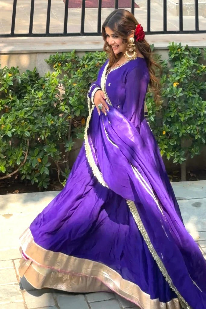 Eloriya Siya's Royal Purple Elegant Golden Border Anarkali Suit Set - XL [42] | Eloriya India